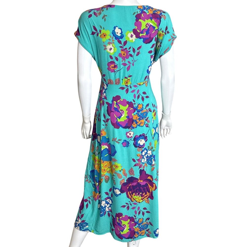 Zara TRF Collection Dress Womens M Teal Floral Viscose Midi Cap Sleeve Lined - Picture 2 of 7